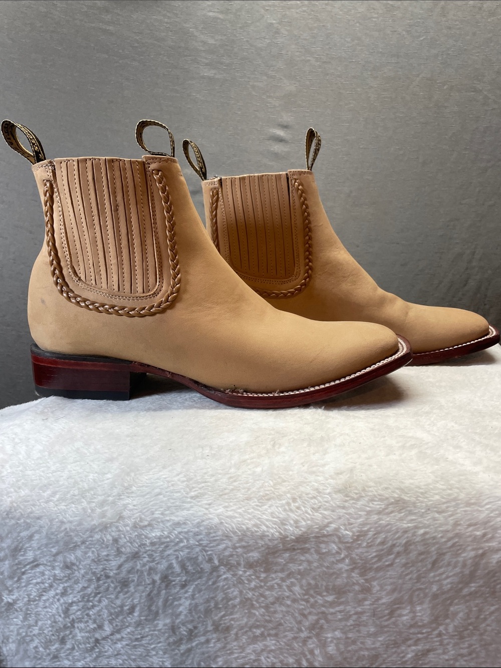 Los Altos Women’s Tan Suede Ankle Booties with Red Sole Detail - Picture 5 of 10